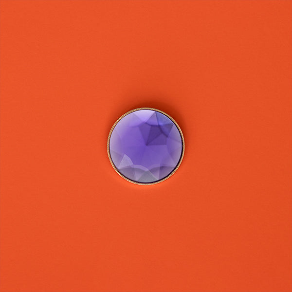 HATCH PURPLE, round jewel clap, purple colour, faceted resin and zamac metal